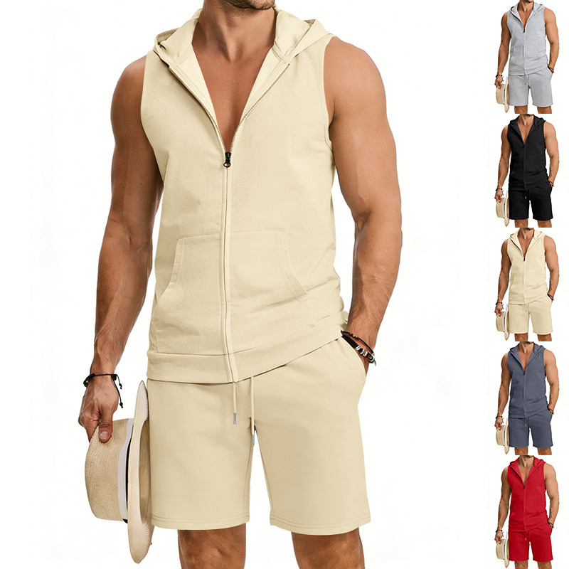 Men's Zip-Front Sleeveless Hoodie And Shorts Set Lightweight Athletic Gym Wear for Summer Workouts And Casual Street Style_viptrois.com