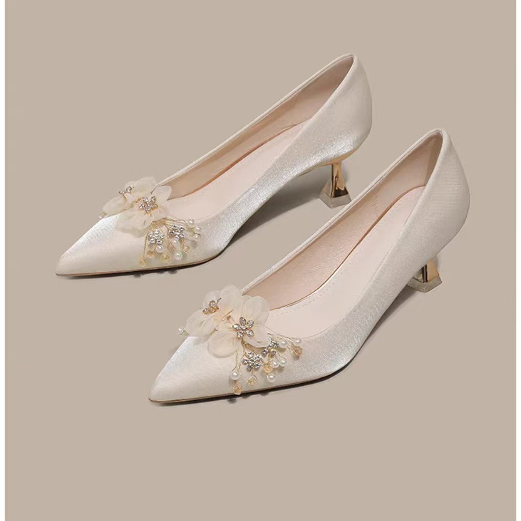 Thin heel pointed satin beige high heels women's wedding shoes wedding bride bridesmaid shoes women 3CM6CM_voghion.com