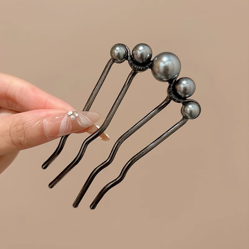 Perla en forma de U cuatro dientes peinado temperamento femenino bandeja de cabello detrás de la cabeza bola clip de cabello de alta sensación retró joyería para el cabello