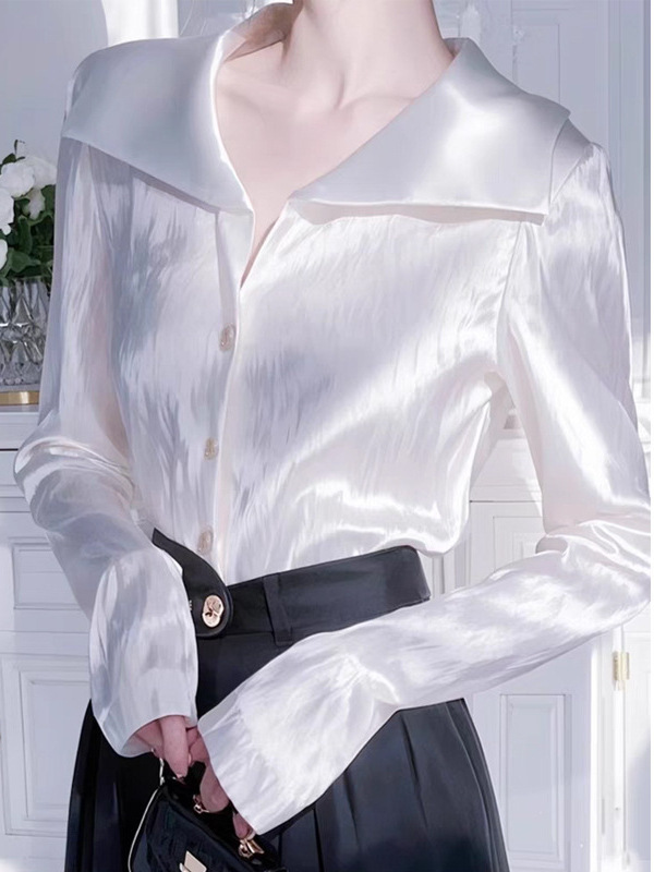 高级感白色长袖翻领缎面衬衫女2025早春新款独特别致法式职业衬衣|undefined