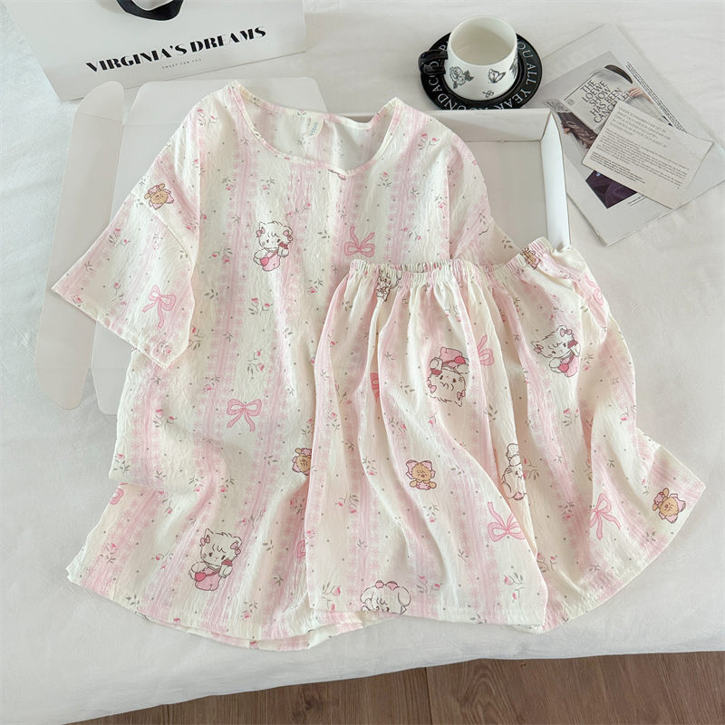Transfronterizo al por mayor pijamas de algodón nubes de dibujos animados ropa de casa de mujer chaqueta manga corta pantalones cortos set set de cuello redondo set de dos piezas