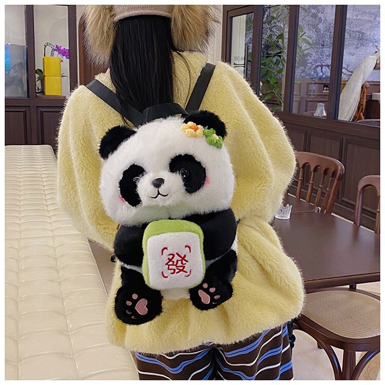 Cute Panda Flower Backpack for Women, Cartoon Plush Bag with Fortune Apple Design, Lightweight Travel Backpack