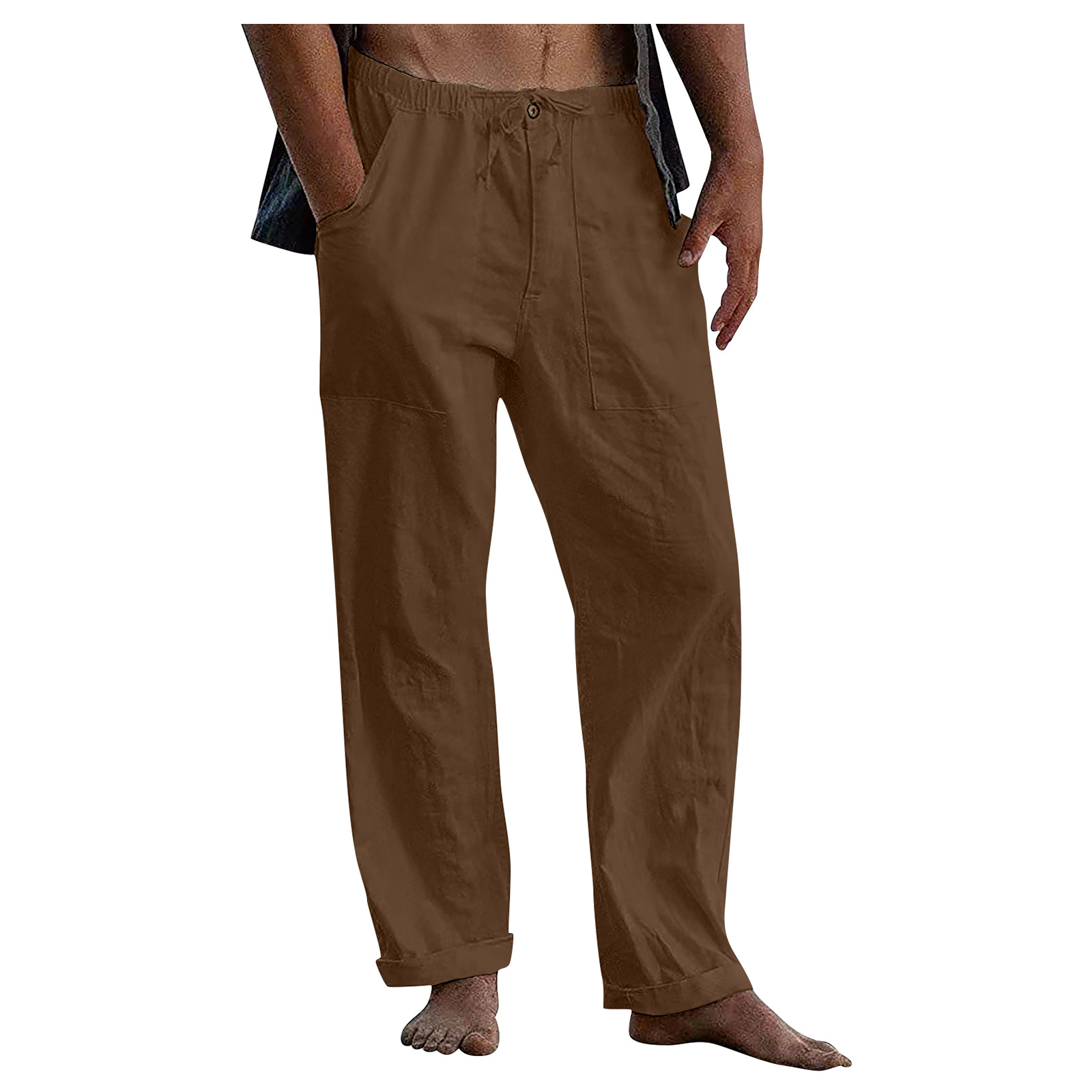 Pantalon en lin pour hommes, Yoga, plage, décontracté, taille élastique, cordon de serrage, poche de ceinture ample, été, 2024_voghion.com