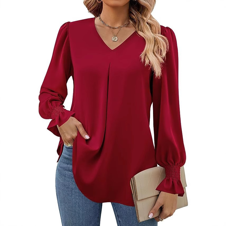 2025 Cross-Border European and American Women's Clothing Amazon New Tk Chiffon Shirt V Neck Pullover Trumpet Long-Sleeved Top Shirt