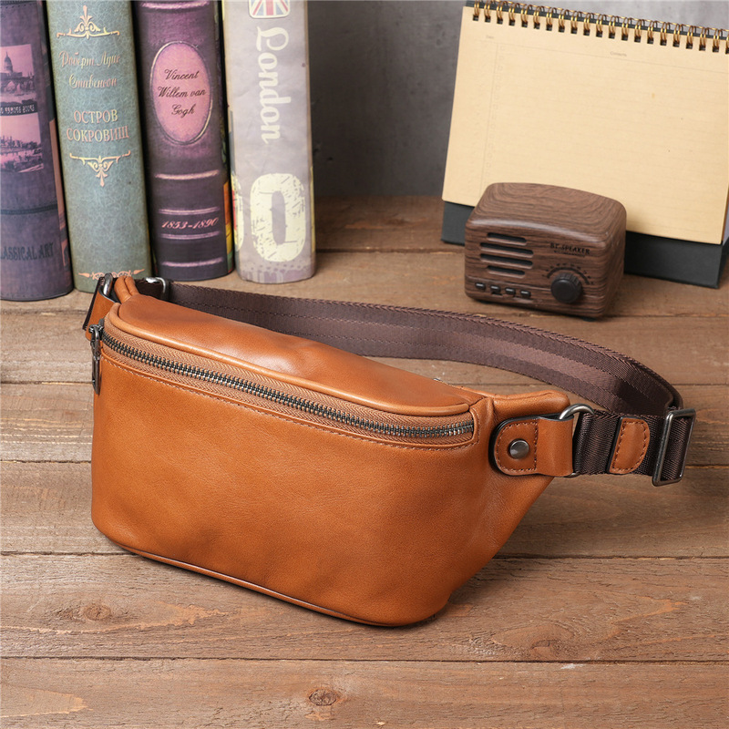 3619 New Trendy Men's Baotou Layer Cowhide Mobile Phone Waist Bag Large Capacity Sports Crossbody Chest Bag Men's Leather Waist Bag