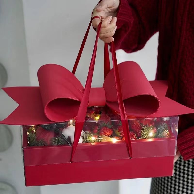 Caja de regalo con lazo de flores, caja de regalo para el Día de San Valentín, caja de regalo con tapa transparente, caja de embalaje para frutas, caja de regalo portátil.