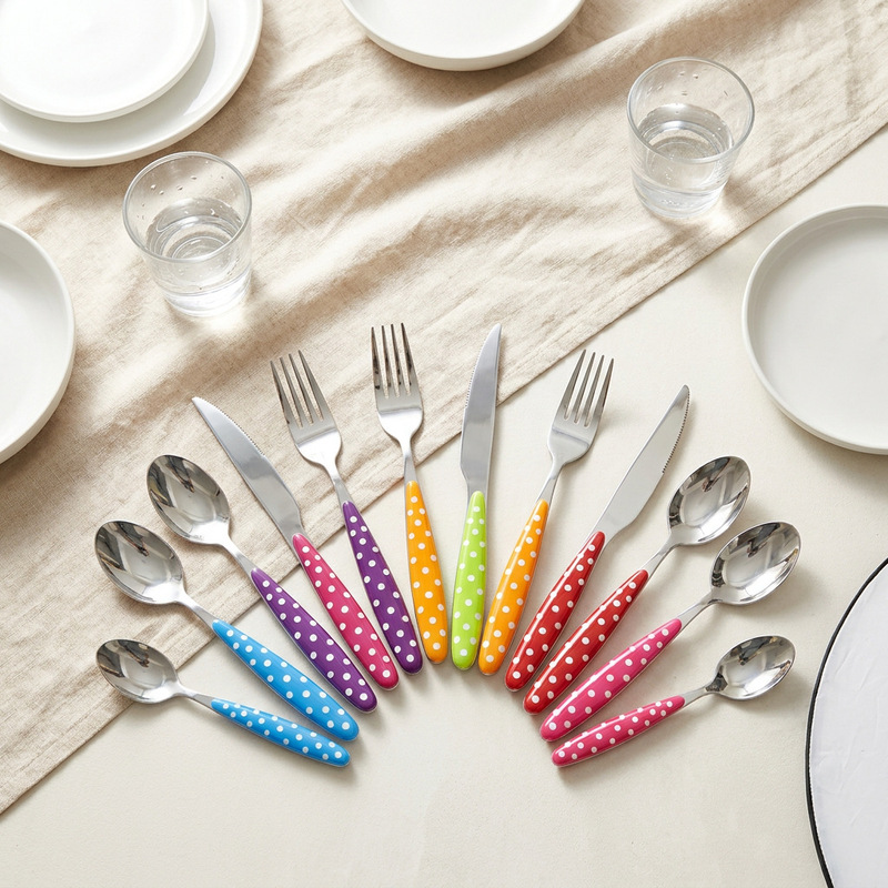 Korean-style ins-inspired creative rainbow-colored cute polka dot dessert spoon, stainless steel household cutlery set including spoon, fork, and knife Korean-style ins-inspired creative rainbow-colored cute polka dot dessert spoon, stainless steel household cutlery set including spoon, fork, and knife