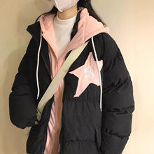 大码设计感星贴布面包服棉衣女冬季新款加厚假两件连帽羽绒服外套