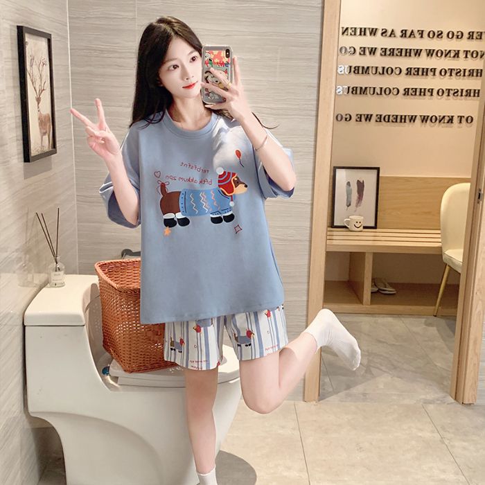 Venta al por mayor transfronteriza verano nuevo estilo cuello redondo pijamas estampados de dibujos animados pantalones cortos de manga corta para mujer