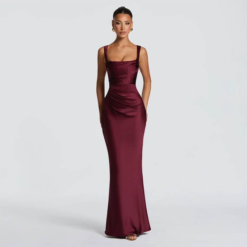 New High-End Women's Fashion for Export: Slim-Fit, Sexy Ruched Spaghetti Strap Long Dress with Tie, Bodycon Gown for Parties