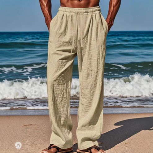 2025 Hawaii Summer Men's Casual Long Pants with Pouch Drawstring Elastic Waist and Plain Comfortable Breathable