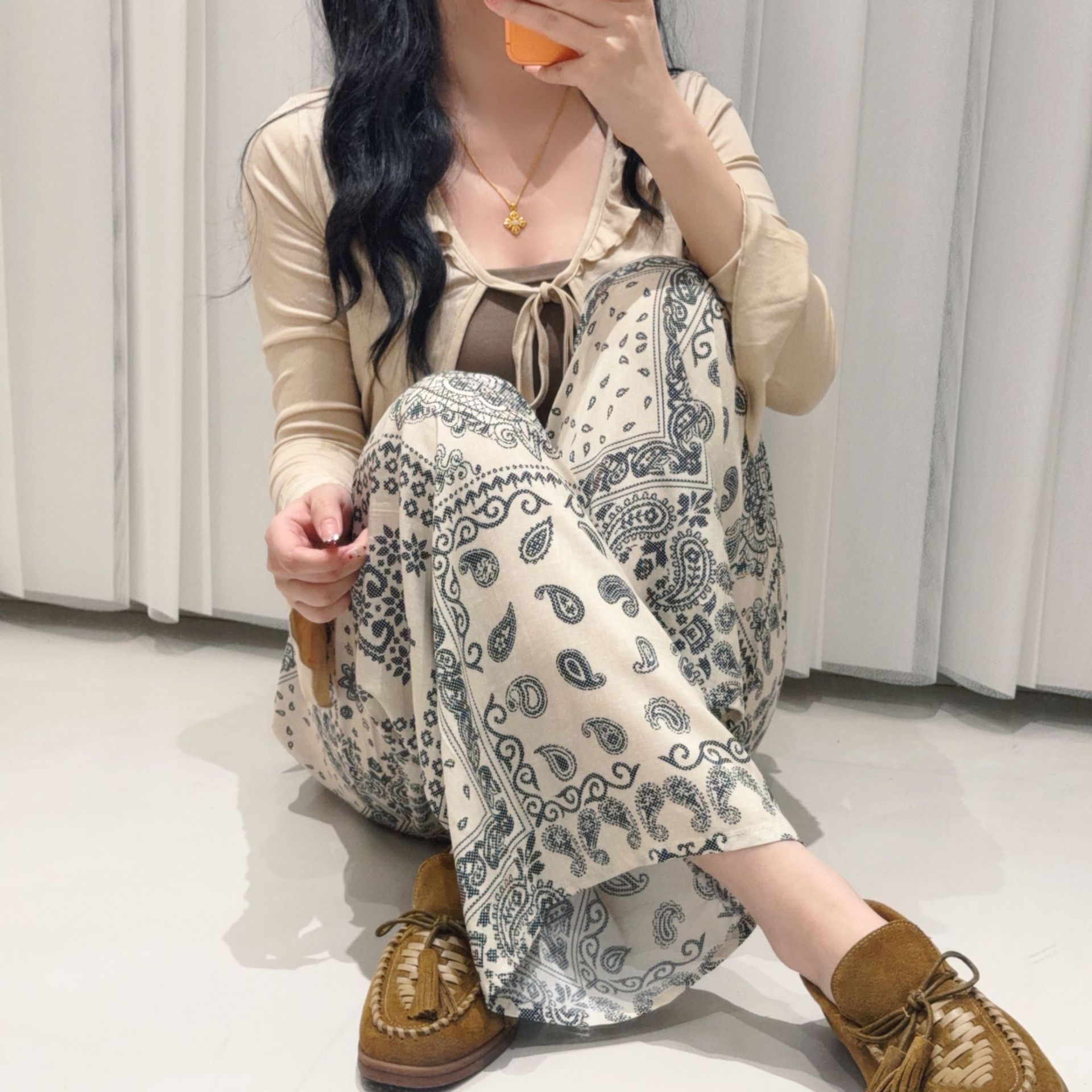 Pantalones de pijama de seda de algodón Pantalones de pierna ancha de seda de algodón fino para mujer