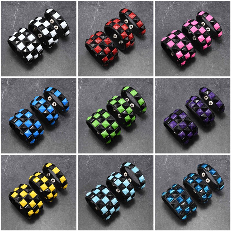 3-Piece Set of Colorful Square Rivet Wide Leather Bracelets in Stock, Punk Style, Multiple Colors Available, Trendy Cool Bracelets for Men and Women, Wholesale