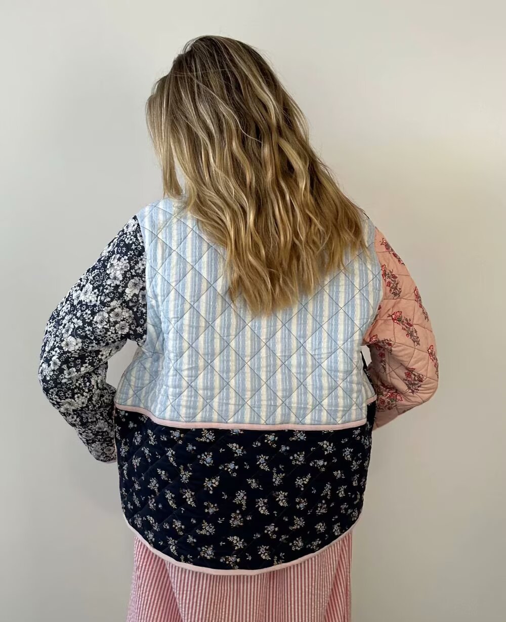 2024 Winter New Women's Stand up Collar Printed Quilted Loose Casual Splicing Cotton Coat for Women_voghion.com