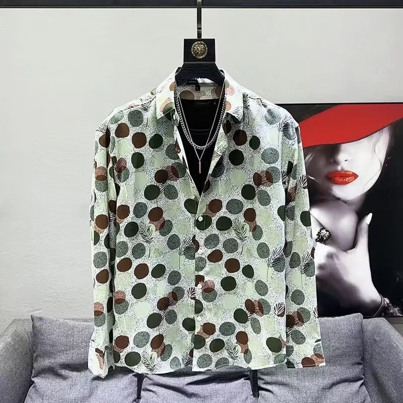 Jimmysho American Casual Hong Kong Style Retro Peach Print Long-Sleeved Shirt for Men and Women, Versatile Loose Shirt