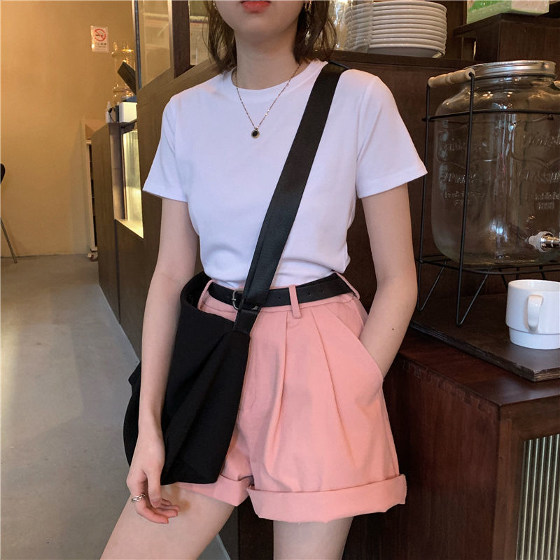 純色の肩がやせている半袖tシャツ女性夏の新型insシンプルな外着の基本的なシャツの上着|undefined