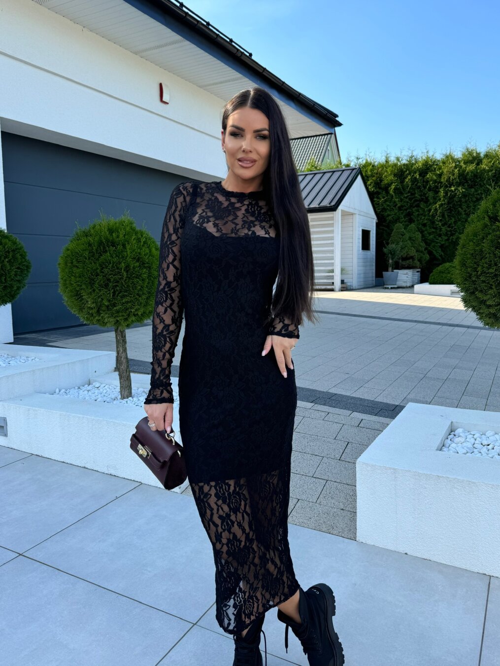 Women Clothing Slim Fit round Neck Hollow Out Cutout out Dress Sexy Slimming See through Lace Sheath Dress