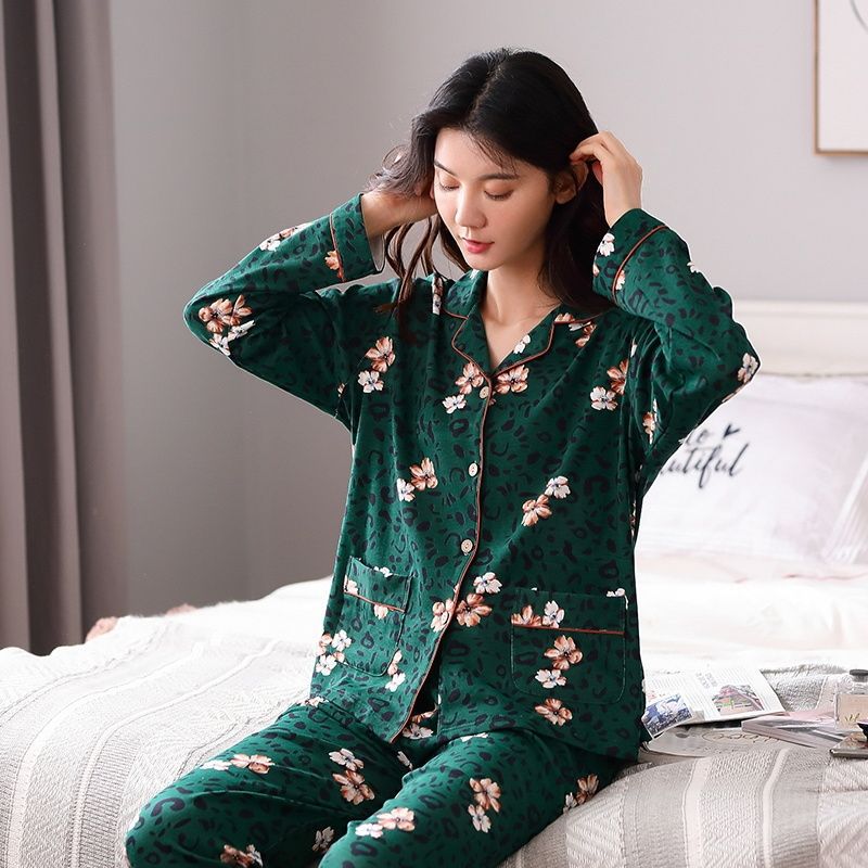 100% pijamas de algodón de primavera y otoño de las mujeres de manga larga suelta más tamaño desgaste del hogar traje de dos piezas desgaste exterior