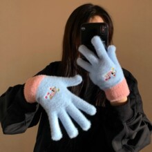 可爱腊肠小狗刺绣针织手套女冬季加厚保暖可触屏防寒毛绒毛线骑行