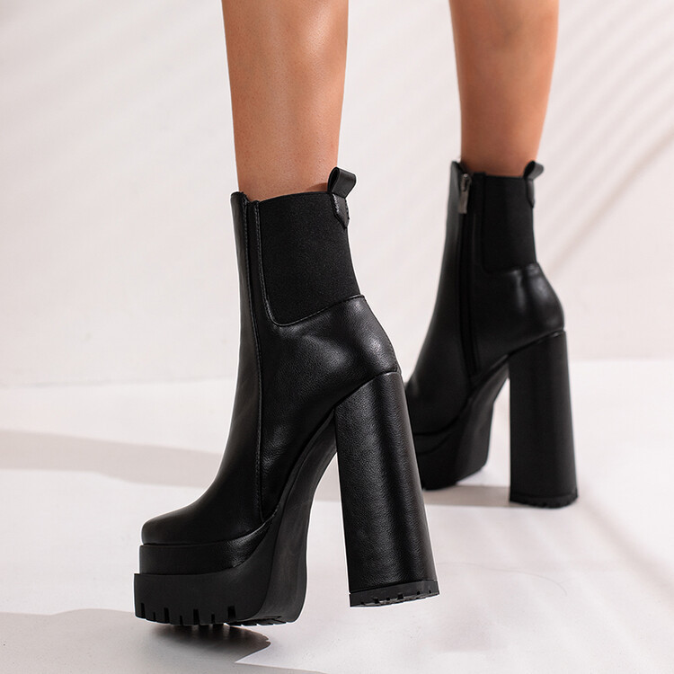 【Pre-sale | Ships In 15 Days】Women's Ankle Boots With Square Head And High Heel With Double Platform Back Elastic Side Zipper_voghion.com