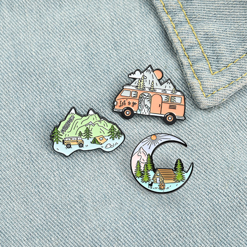 Customized New Style Creative Landscape Picture Moon-Shaped Brooch Personality Bus Accessories Mountain Decor Brooch