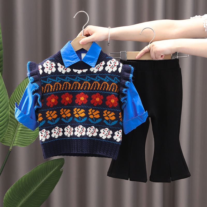 Niñas suéter chaleco 2022 otoño e invierno nuevo cuello redondo flor chaleco bebé de punto desgaste exterior Chaleco de los niños