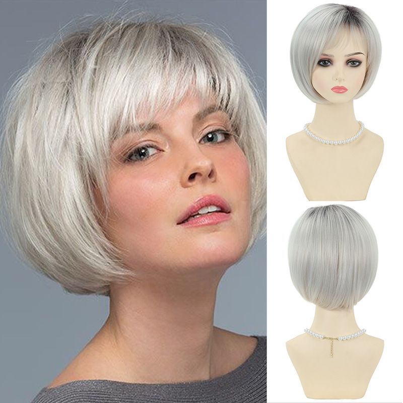 Wigs European and American Cross-Border Fashion Women's Gray Short Straight Hair with Bangs Bobo Chemical Fiber Headgear Fashionable Women's Style