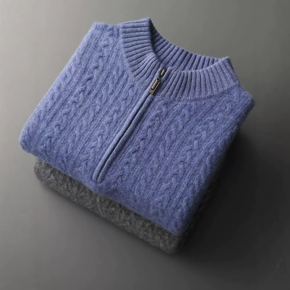 秋冬季新款半高领羊绒衫男长袖重磅加厚半襟拉链提花羊绒针织衫