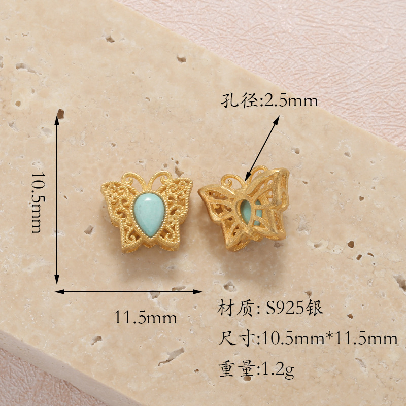 Raw Turquoise S925 Silver Gold-Plated Heart-Shaped Four-Leaf Clover Round Butterfly Pendant Spacer Bead DIY T6