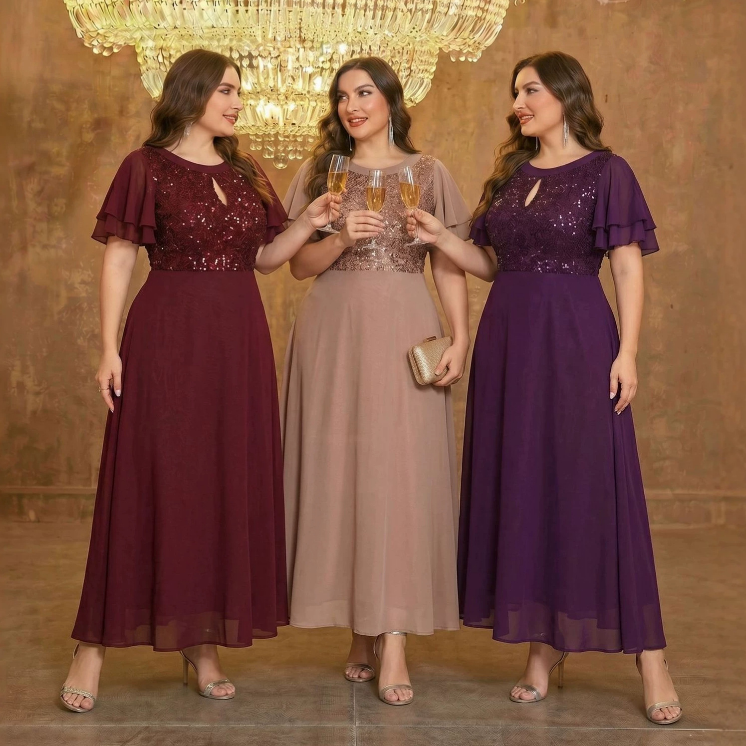 Cross-Border Evening Dress Plus Size Elegant Sequin Bridesmaid Dress 5039 Elegant Women's Chiffon Sequin Patchwork Dress