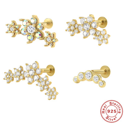 S925 Sterling Silver Five flower Flat head Internal thread puncture cartilage Ear Studs Bone nail AB Color diamond Earrings Earrings