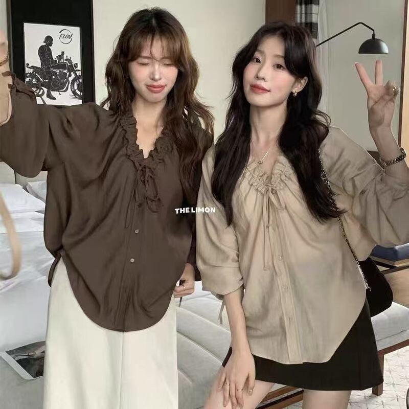 French Collar Long-Sleeved Shirt Summer Cardigan Lazy Shirt Design Top Apricot Dark Brown