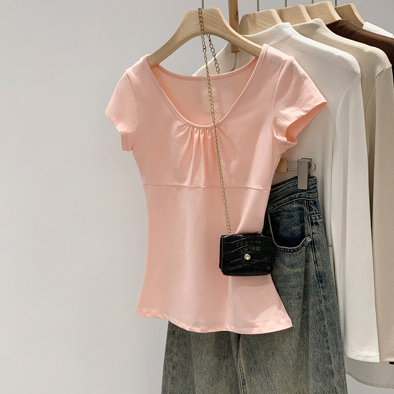 Taiya Women's Clothing Design with a Pure and Sweet Pink Pleated Slim-Fit Short-Sleeve T-Shirt for Women, Summer Korean Style Top