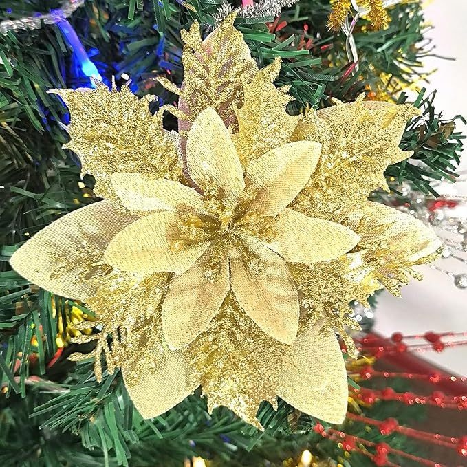 国境を越えて人気のある14cmクリスマス花人工一品紅花飾りクリップと茎クリスマスツリー花輪飾り|undefined