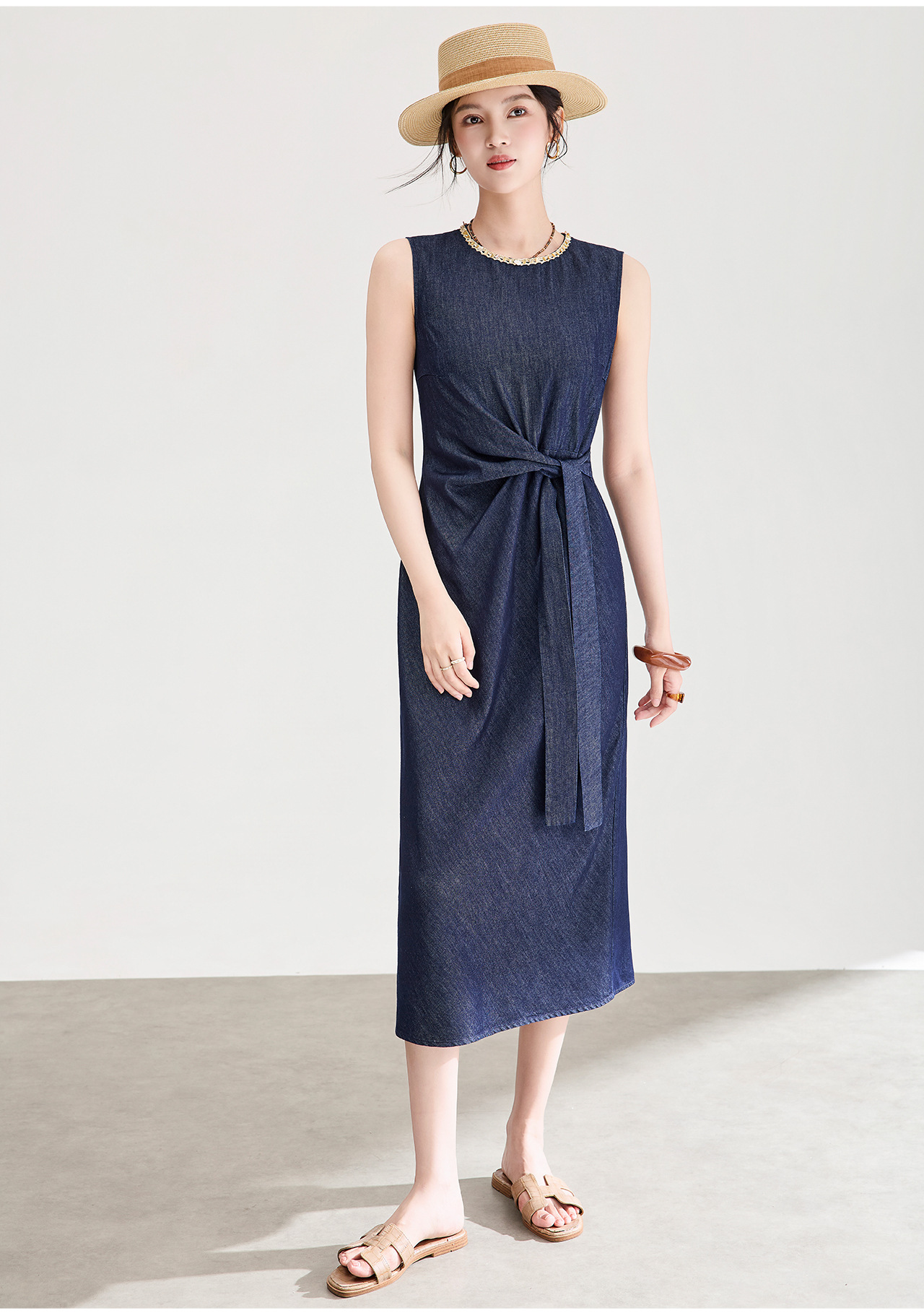 Đầm maxi nữ thiết kế nhăn tay sen cổ tròn chất liệu cotton phối sợi tơ — xanh lam chi tiết 4
