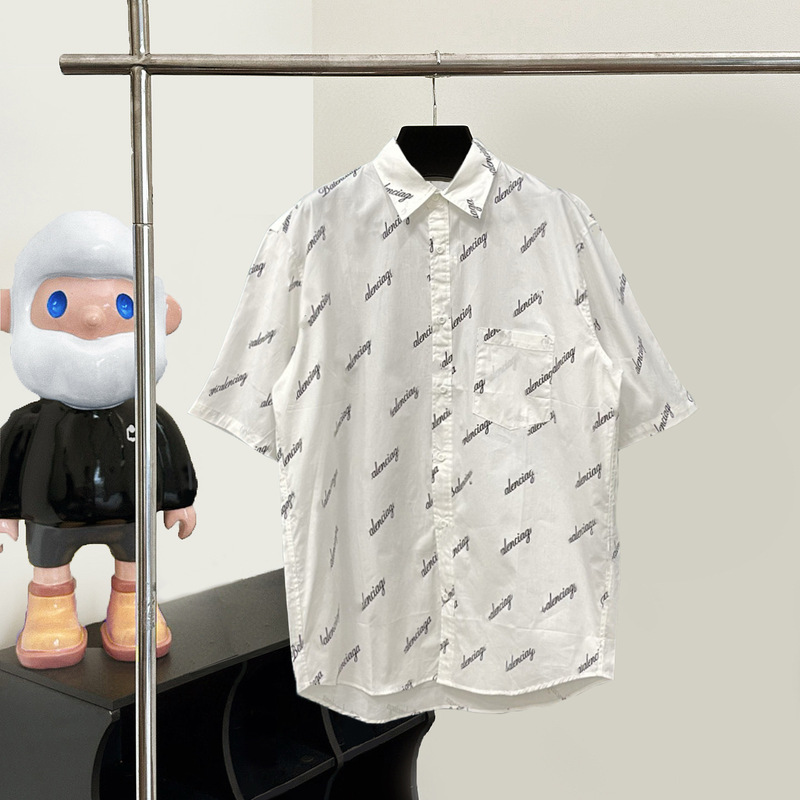 Paris High Version B Brand Signature Cursive Lettering Shirt Unisex Loose Version B Trendy Brand Collar Short Sleeve Shirt