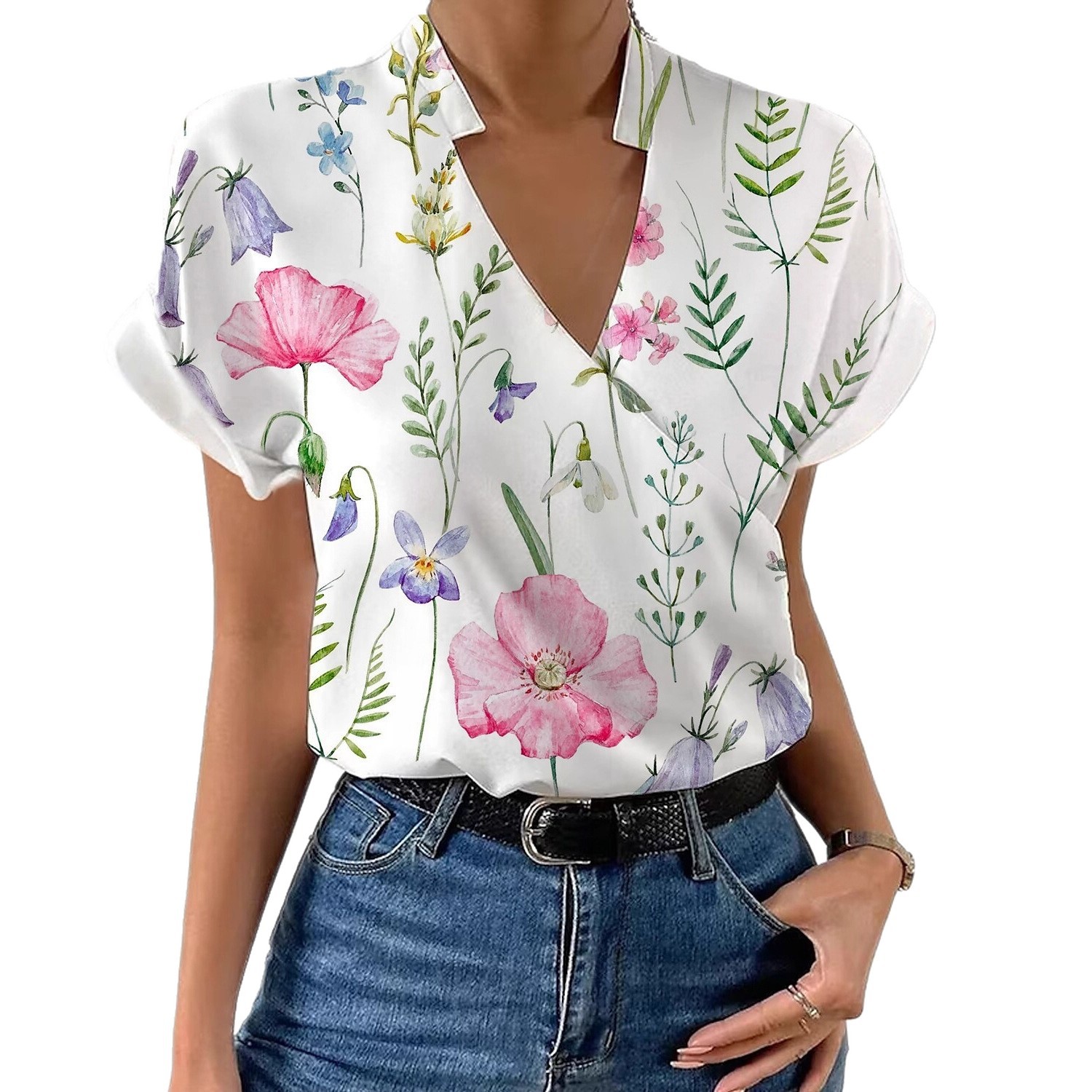 2023 Estación independiente deseo Amazon popular verano suelta cuello en V collar impreso camisa ropa de mujer image 4