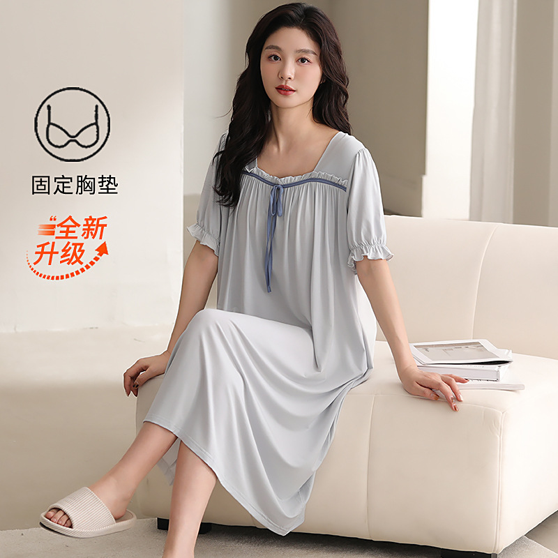 Modal vestido de pijama de mujer nuevo estilo con cojín de pecho ropa para el hogar de verano fría delgada se puede usar vestido de pijama cómodo de manga corta