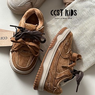 Children's Padded Retro Sneakers, Boys' Genuine Leather Casual Sports Shoes, Girls' Velvet Leather Korean Style Dexun Double-Layer Cotton Shoes