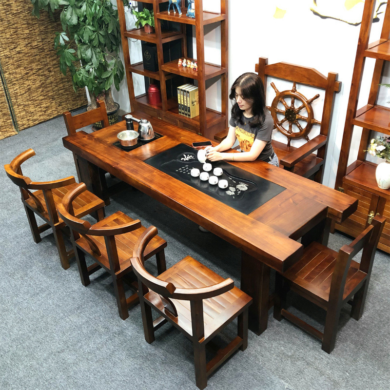 Old Boat Wood Tea Table and Chair Combination Office Integrated Coffee Table Solid Wood One Table Five Chairs Tea Table Home Tea Table suit