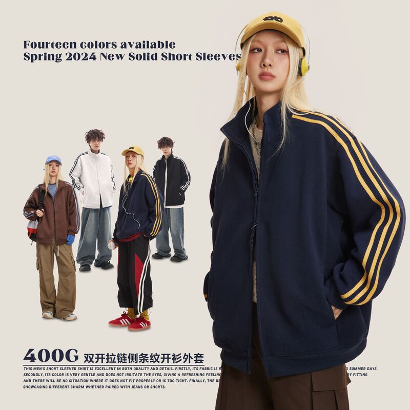 Catteeius American Retro Trendy Sports Three-Stripe Cardigan Sweatshirt Men's Oversize Couple's Jacket