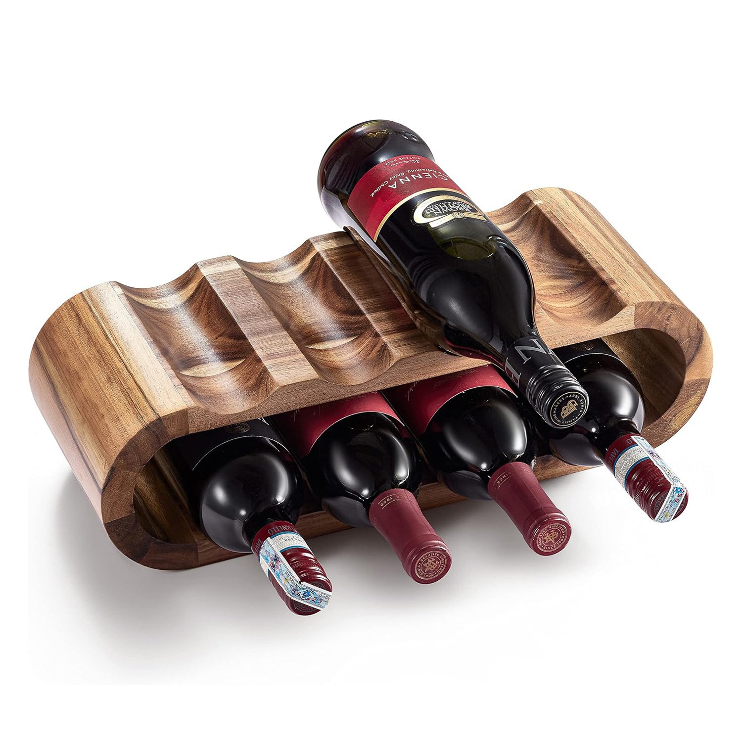 Acacia Wood Countertop Wine Rack, 8-Bottle Freestanding Wine Holder, Kitchen and Bar Storage Decor