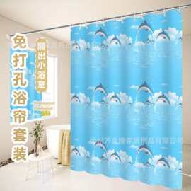 跨境货源浴帘PEVA防水防霉加厚浴室卫生间免打孔伸缩杆洗澡隔断帘