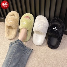 治愈系~韩版糖果色毛毛拖鞋 双条一字鱼嘴鞋 居家日常厚底毛绒鞋