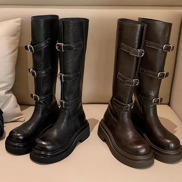 [Dos versiones] nuevo estilo de moda de cinturón de invierno y otoño de la uva, botas cortas de caballo con cabeza redonda y fondo grueso