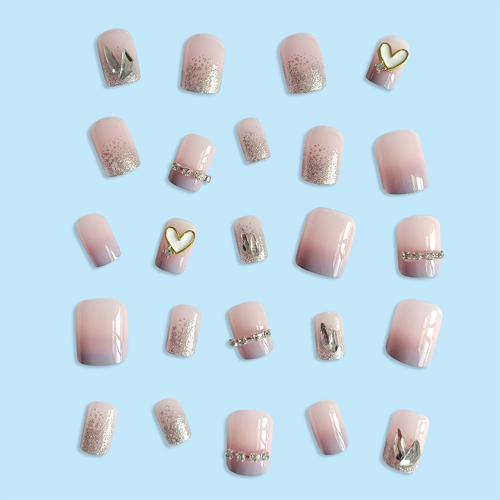 24 piezas de diamante azul hielo gradiente usar uñas amorosas de diamante trapezoidal corto manicure transparente de manicure falsas blanqueadoras