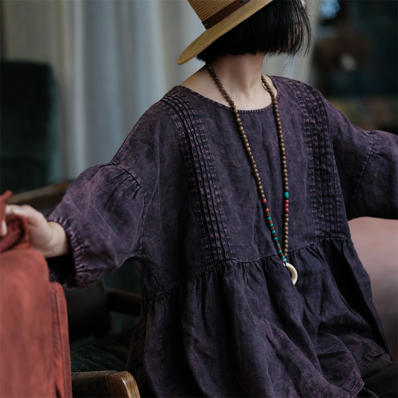 Autumn New Fallen Ancient Mud Old Snowflake Washed Linen Accordion Pleated Literary Retro Shirt 1997 Old Purple