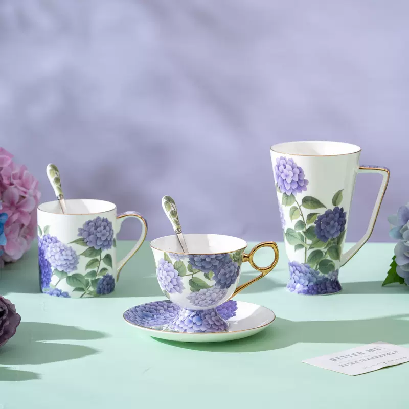 美道绣球花轻奢骨瓷咖啡杯马克杯高颜值情侣杯子水杯对杯礼盒套装