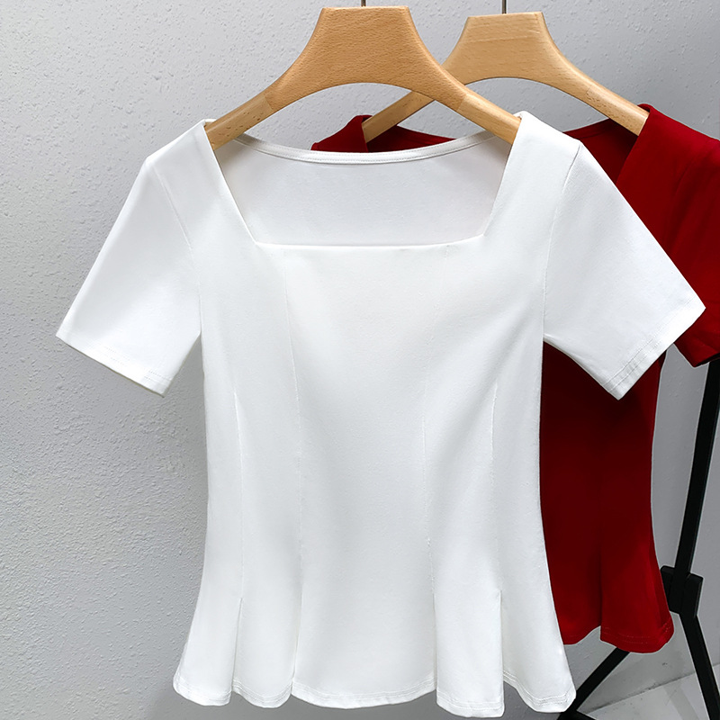 Camiseta de mangas cortas para mujeres 2024 verano nuevo estilo de mujer retro cuello cuadrado camisa de algodón de color sólido sombrilla giratoria cintura superior francesa image 7