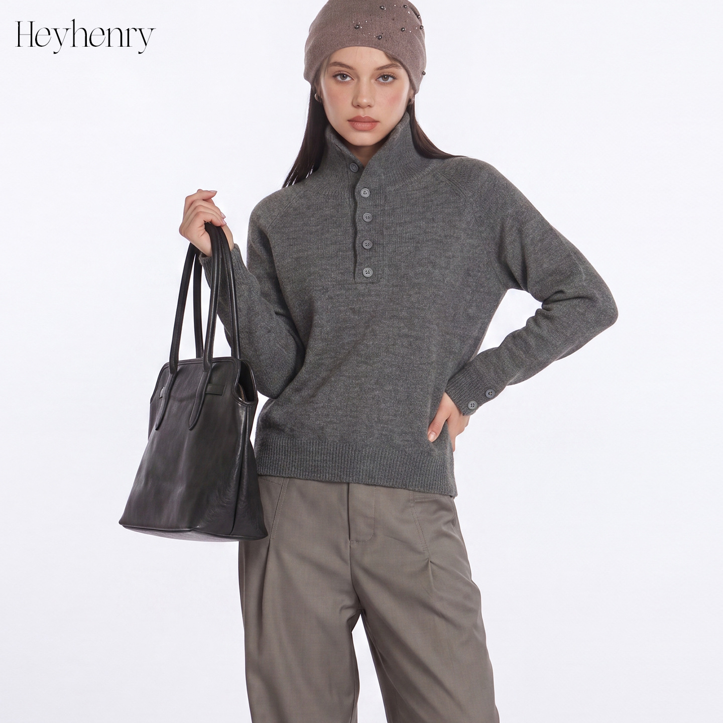 HeyHenry25秋冬季新款高领半开扣毛衣女针织内搭纯色打底保暖上衣